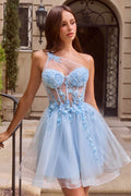 Ladivine CD2431 One-Shoulder Floral Appliqué Corset Homecoming Dress