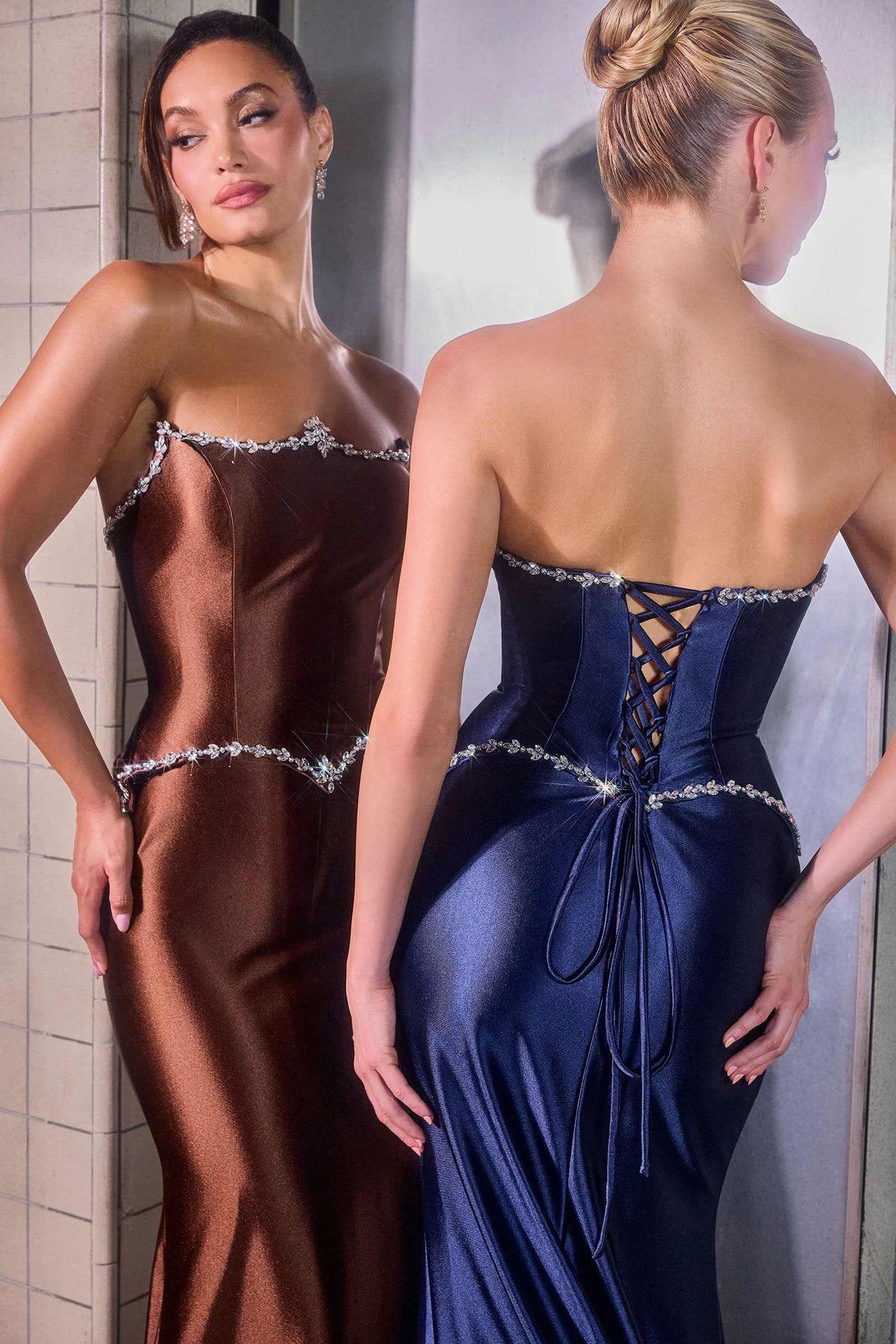 Ladivine CD687 Sleek Satin Fitted Strapless Gown Lace up Corset