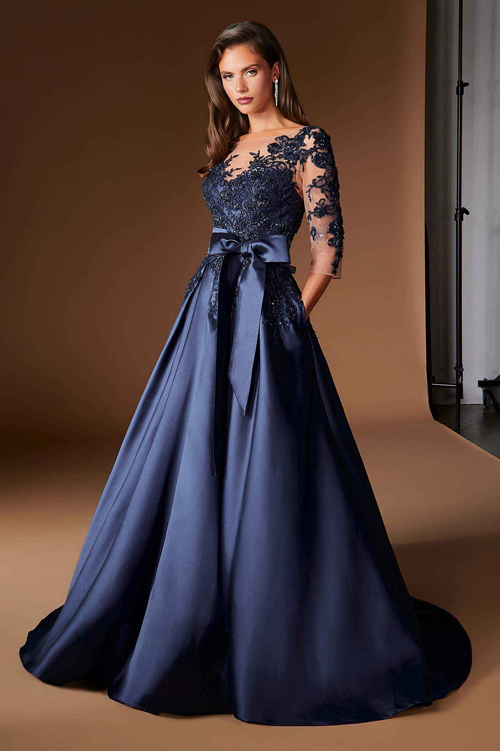 Ladivine CDS569 Three Quarter Sleeve Mikado Skirt A-Line Gown