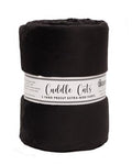 A rolled black fleece blanket with a white paper label band reading 'Cuddle Cats' and '3 YARD PRECUT EXTRA-WIDE FABRIC' on a plain white background.