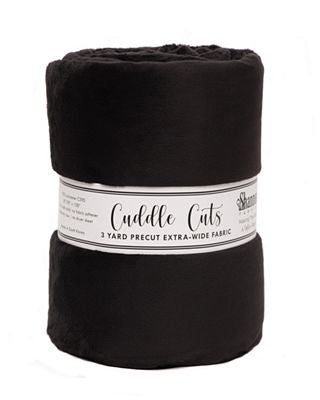 A rolled black fleece blanket with a white paper label band reading 'Cuddle Cats' and '3 YARD PRECUT EXTRA-WIDE FABRIC' on a plain white background.