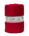 A folded red fleece blanket with a white paper label band reading 'Cuddle Cuts' and '3 Yard Precut Extra-Wide Fabric' on a plain white background.