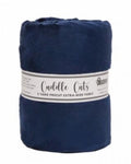 Roll of navy fabric with a label on a white background