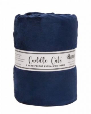 Roll of navy fabric with a label on a white background