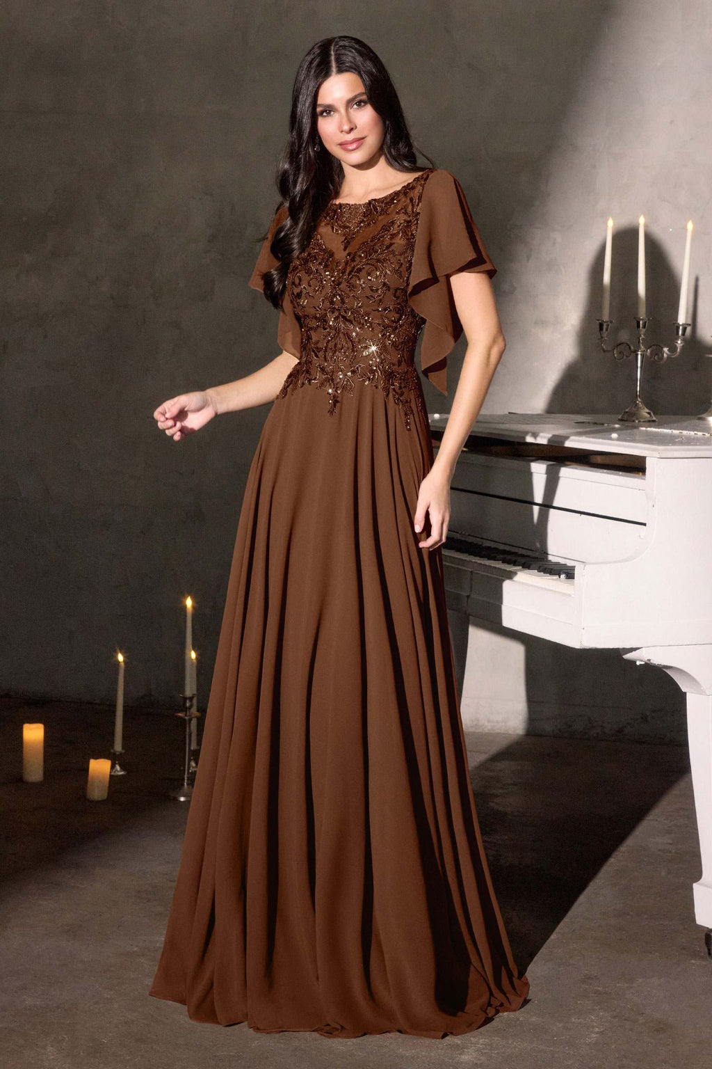 Ladivine CL09 Flutter Sleeve Illusion Neck A-Line Chiffon Gown