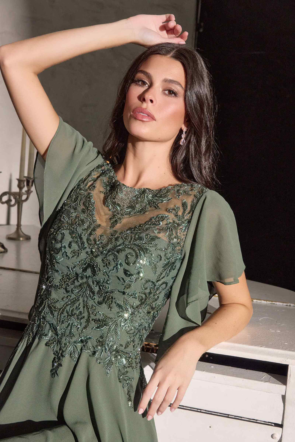 Ladivine CL09 Flutter Sleeve Illusion Neck A-Line Chiffon Gown