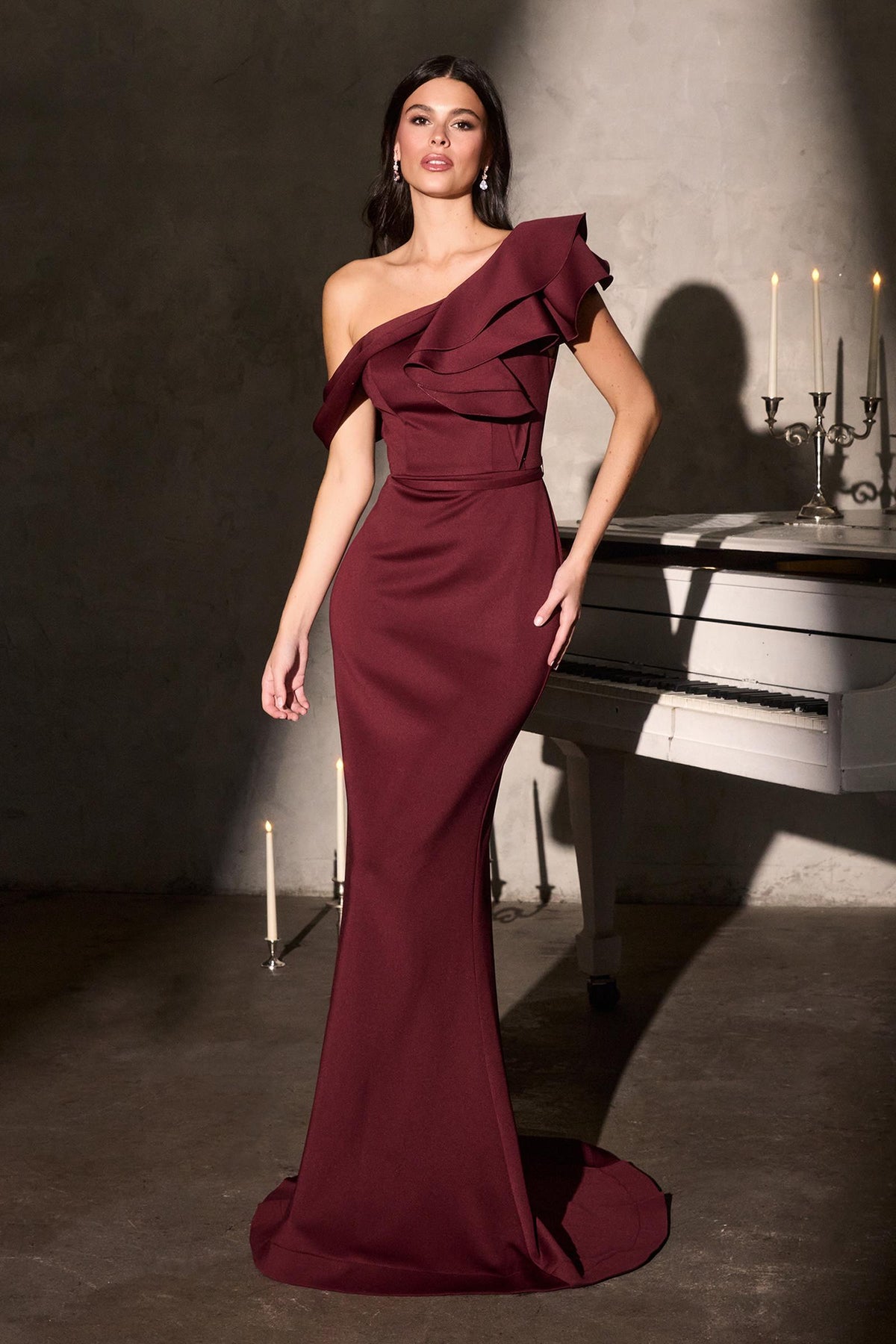 Ladivine CR886 Timeless One Shoulder Cascading Ruffles Stretch Gown