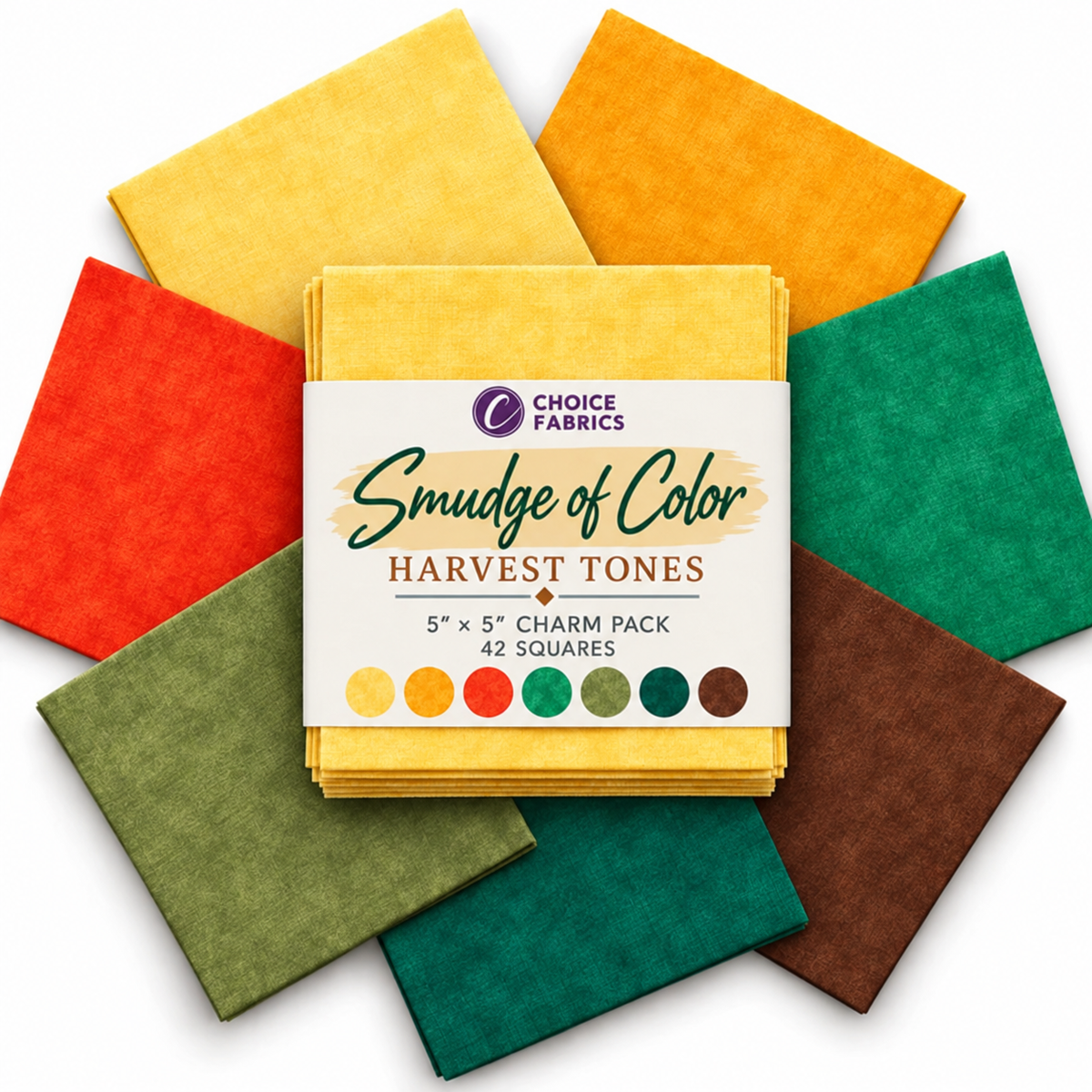 A bundle of fabric squares in multiple autumn colors arranged in a circle around a white paper label that reads 'Choice Fabrics Smudge of Color Harvest Tones 5" x 5" Charm Pack 42 squares.' Visible colors include yellow, orange, red, green, teal, olive, and brown.