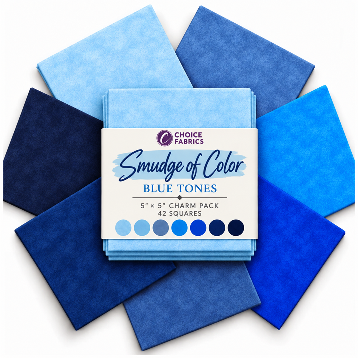 A stack of fabric squares in various shades of blue, arranged in a circular pattern around a white paper label that reads 'Choice Fabrics Smudge of Color Blue Tones 5" x 5" Charm Pack 42 Squares'.