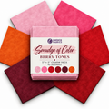 A stack of Choice Fabrics 'Smudge of Color' charm squares in berry tones, arranged in a circular fan pattern over a white background. The stack is wrapped in a white paper sleeve showing the brand and product name.