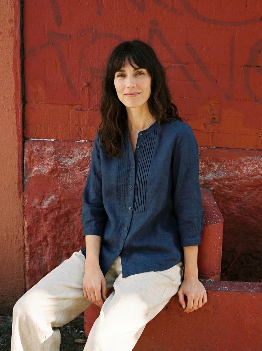 100% Linen Sculpted Accordion Pleat Crew Neck Shirt RANA