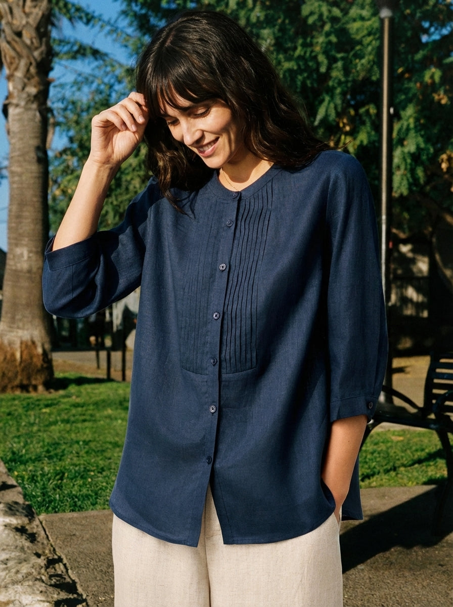 100% Linen Sculpted Accordion Pleat Crew Neck Shirt RANA