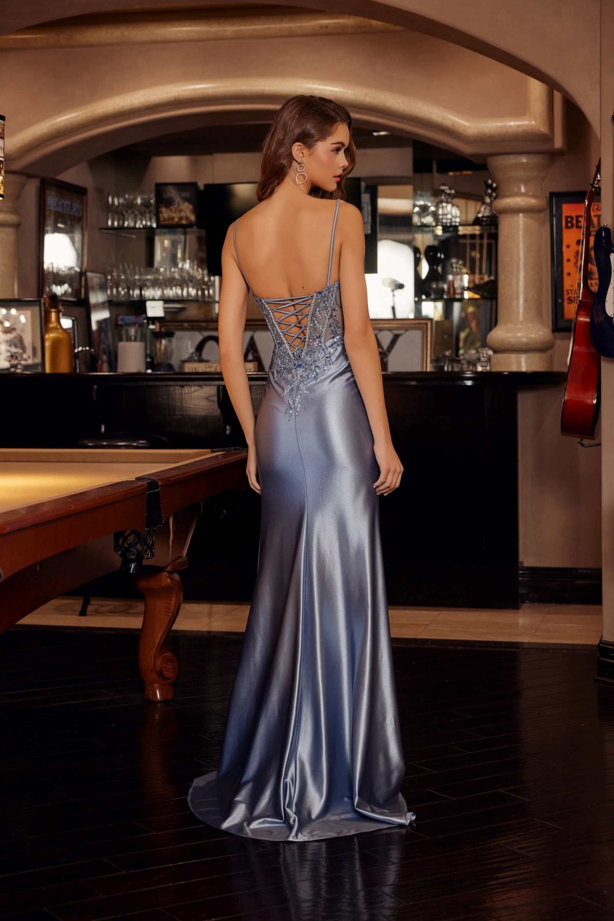 Nox Anabel D1766 Shiny Satin Prom Gown Plunging V-Neckline