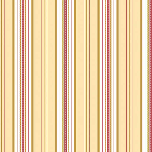 Pattern of vertical stripes in red, gold, and beige on a beige background