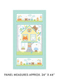 Children's fabric panel with a treehouse design and animal illustrations, measuring approximately 24" x 44".