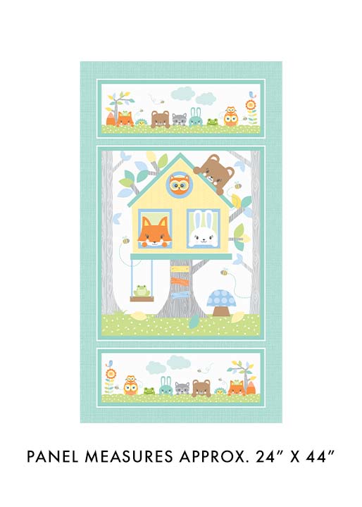 Children's fabric panel with a treehouse design and animal illustrations, measuring approximately 24" x 44".