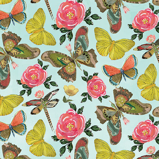 Pattern of butterflies, flowers, and dragonflies on a light blue background