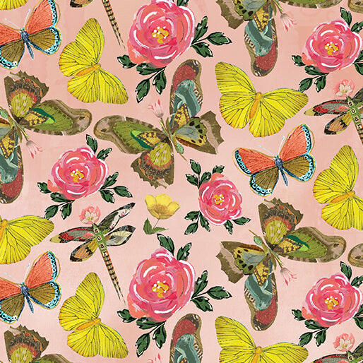 Pattern of butterflies and flowers on a pink background