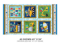 Children's construction-themed fabric panel with six colorful square panels featuring toy vehicles and words like BUILD, EXPLORER, DREAM, and PLAN, shown on a white background with size text below.