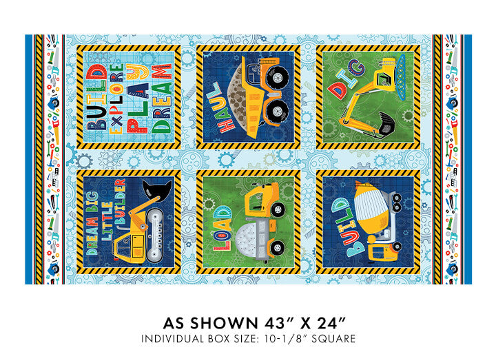 Children's construction-themed fabric panel with six colorful square panels featuring toy vehicles and words like BUILD, EXPLORER, DREAM, and PLAN, shown on a white background with size text below.