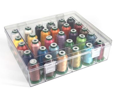 A clear plastic storage organizer filled with multiple spools of thread in assorted colors, photographed on a white background.