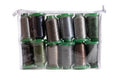 A clear zippered pouch containing 12 spools of embroidery thread in assorted colors, arranged in a grid with green plastic caps.