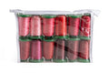 A clear plastic bag containing 12 spools of thread, arranged in two rows of six. The threads are in shades of pink, red, and burgundy, each spool having a green plastic base, all isolated on a white background.