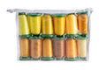 A clear zippered pouch containing 12 spools of thread arranged in two rows of six. The thread colors include various shades of yellow, orange, gold, and light beige, each spool secured with a green cap.