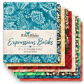 A stack of Riley Blake Designs Expressions Batiks 5" x 5" fabric squares in a charm pack, showing multiple batik patterns in blue, yellow, red, green, and brown with a white paper label band.