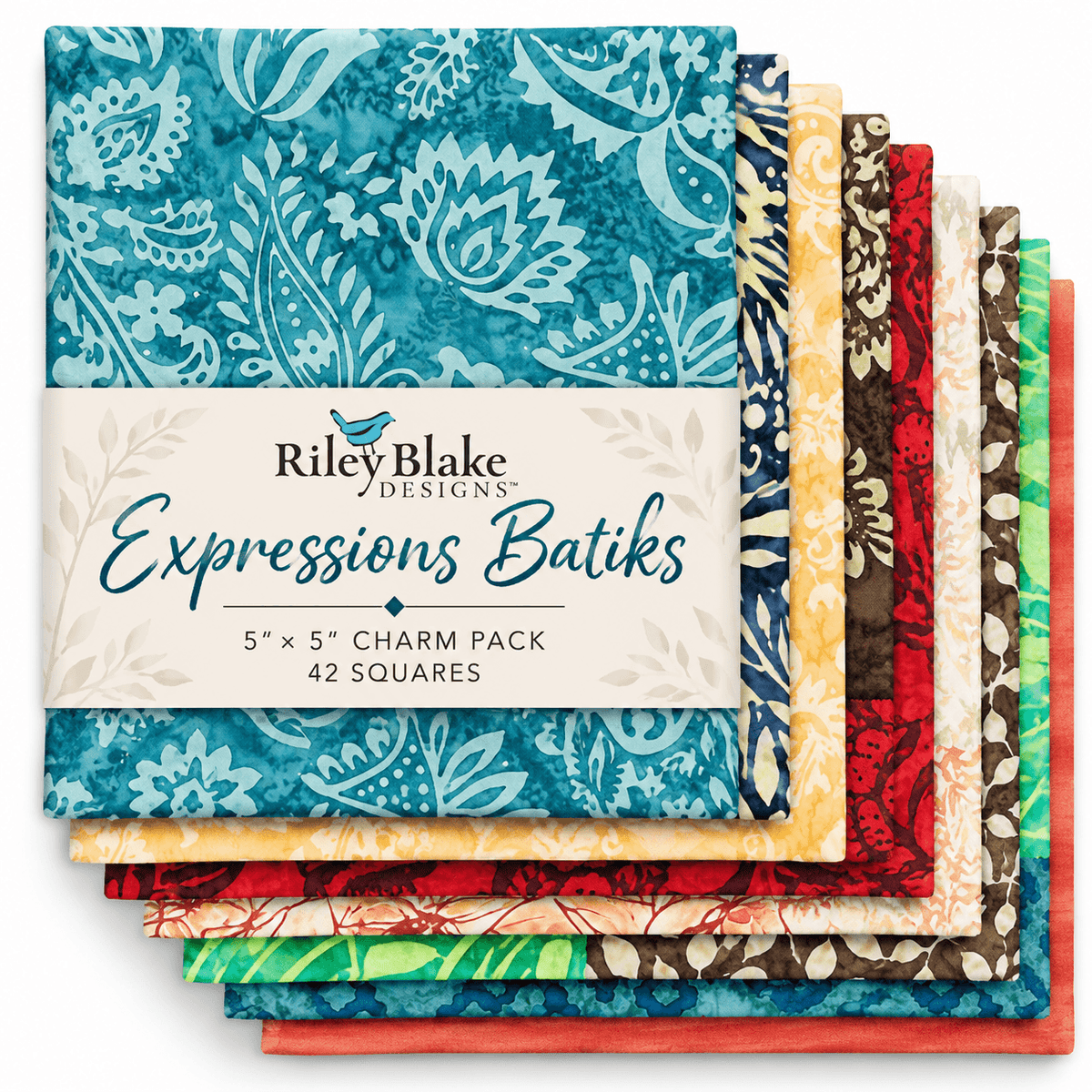 A stack of Riley Blake Designs Expressions Batiks 5" x 5" fabric squares in a charm pack, showing multiple batik patterns in blue, yellow, red, green, and brown with a white paper label band.
