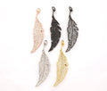 CZ Micro Pave Leaf Feather Pendant, Gold/Rose gold/Silver/Black plated, Cubic Zirconia leaf Pendant/Charm,46x12mm,sku#F511