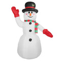 Inflatable snowman with a black top hat, red gloves, and a green scarf on a white background