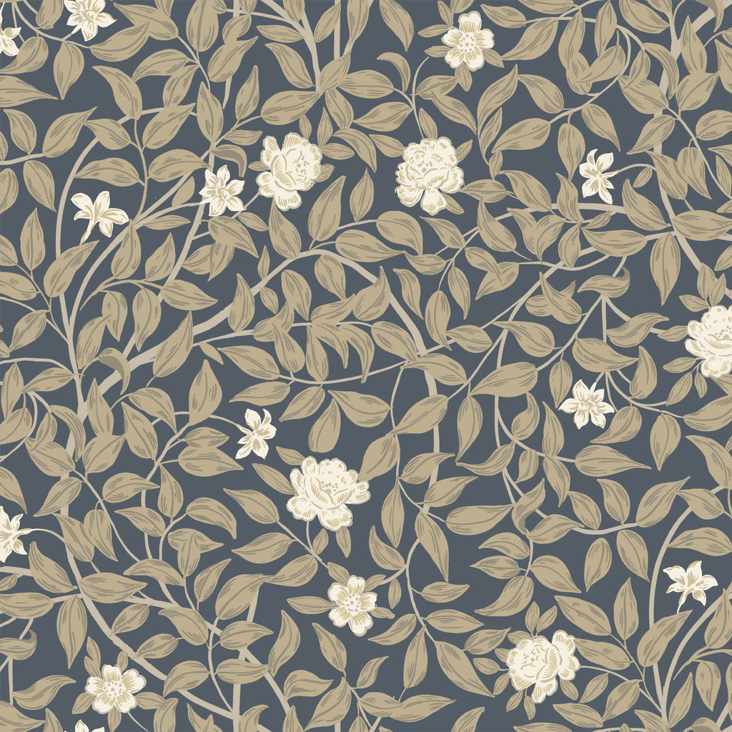 A repeating floral pattern featuring cream-colored flowers and beige leaves on a dark slate blue-gray background.