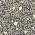 A repeating floral pattern featuring cream-colored flowers and beige leaves on a dark slate blue-gray background.