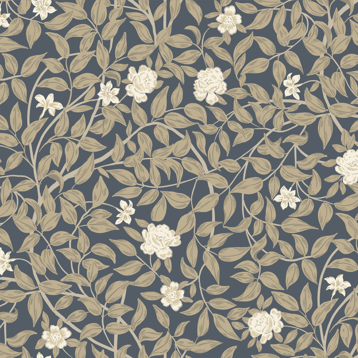 A repeating floral pattern featuring cream-colored flowers and beige leaves on a dark slate blue-gray background.