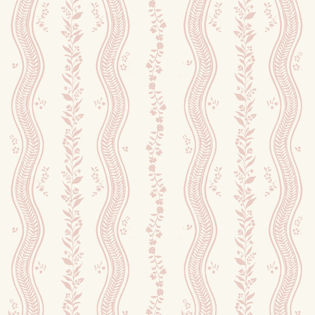 A repeating vertical pattern of wavy pink floral and leafy stripes on a warm off-white background.