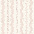 A repeating vertical pattern of wavy pink floral and leafy stripes on a warm off-white background.