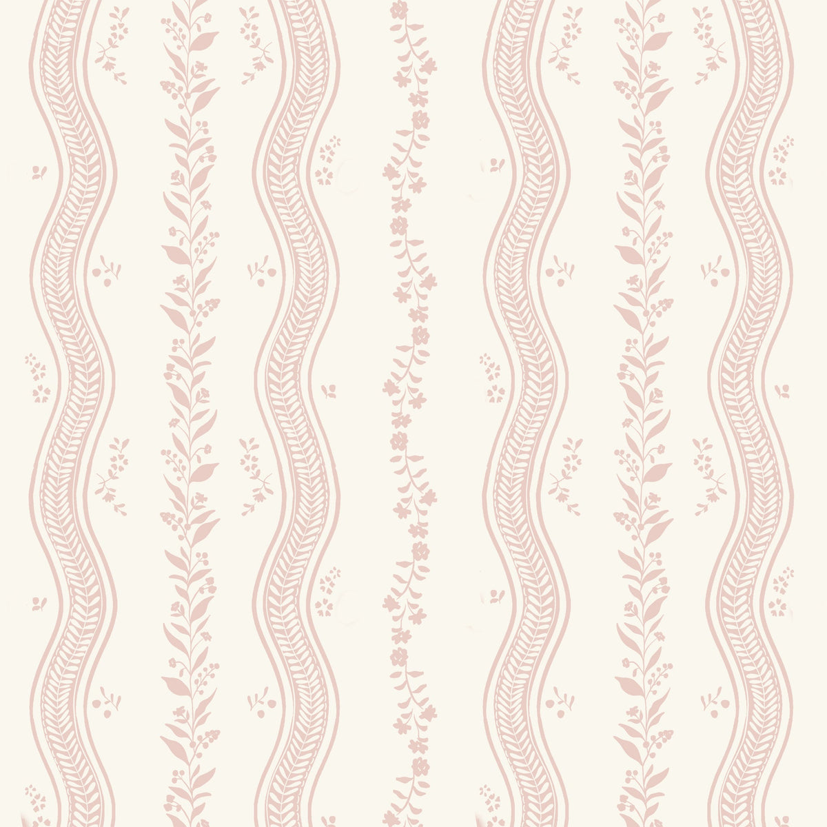 A repeating vertical pattern of wavy pink floral and leafy stripes on a warm off-white background.