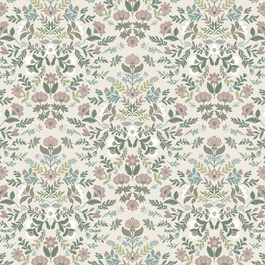 A repeating floral wallpaper pattern featuring muted botanical motifs with pink flowers, sage green leaves, and soft blue accents on a warm off-white background.