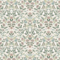 A repeating floral wallpaper pattern featuring muted botanical motifs with pink flowers, sage green leaves, and soft blue accents on a warm off-white background.