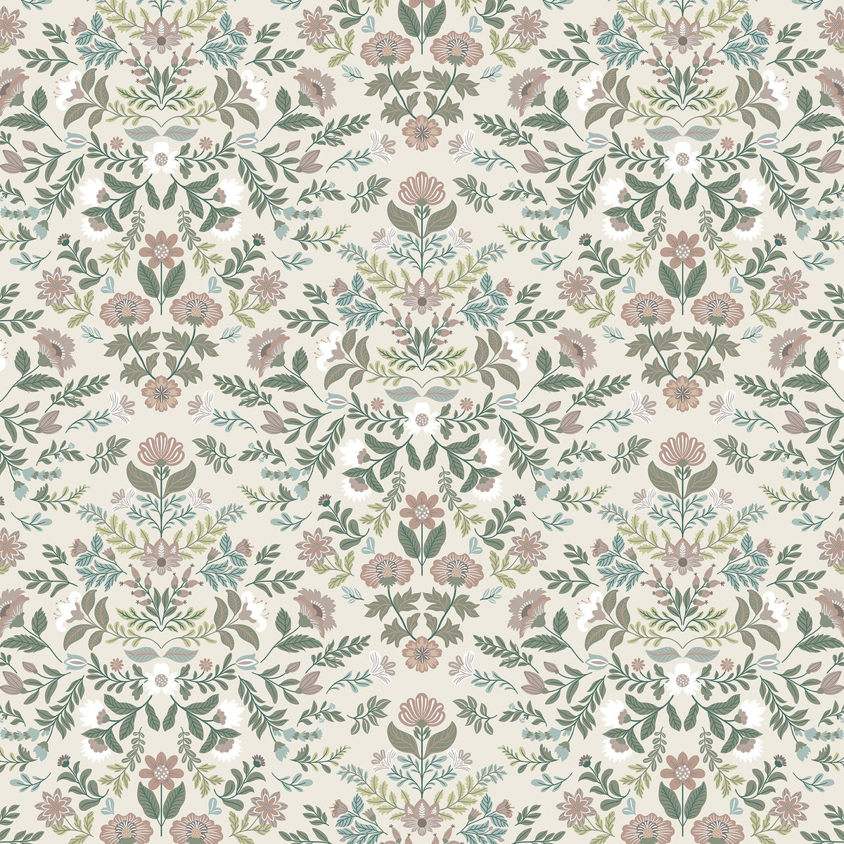 A repeating floral wallpaper pattern featuring muted botanical motifs with pink flowers, sage green leaves, and soft blue accents on a warm off-white background.
