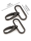 Two black metal carabiner clips shown on a white background with dimension lines and text indicating length and inside width.