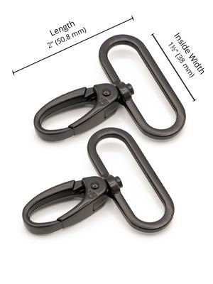 Two black metal carabiner clips shown on a white background with dimension lines and text indicating length and inside width.