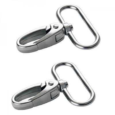 Two silver stainless steel swivel snap hooks with oval D-rings, shown on a plain white background.