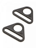 Two black triangular carabiners on a white background
