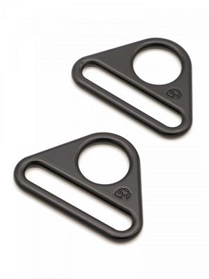 Two black triangular carabiners on a white background