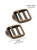 Two bronze-colored metal buckles with measurements on a white background