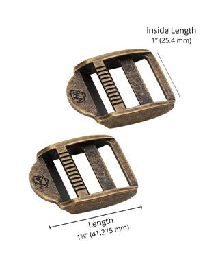 Two bronze-colored metal buckles with measurements on a white background