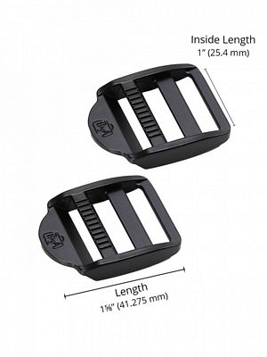 Two black plastic components with measurements on a white background