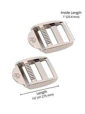 Two silver metal buckle components on a white background with dimension labels showing inside length 1 inch (25.4 mm) and length 1 1/4 inch (41.